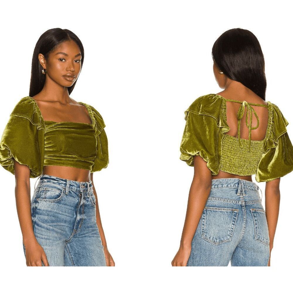 Tularosa Mirella Top in Dark Olive Puff Sleeve‎ Ruched Elastic Back Size Large